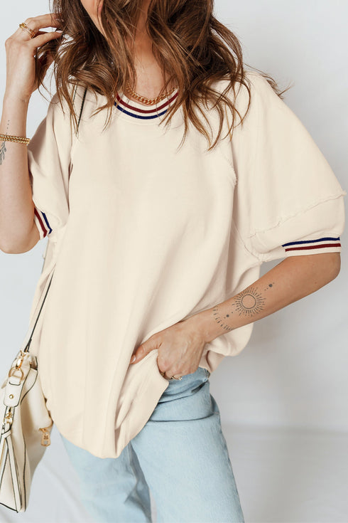 Loose Fit Varsity V Neck Cuffed Sleeve Tunic Top