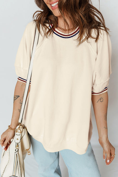 Loose Fit Varsity V Neck Cuffed Sleeve Tunic Top