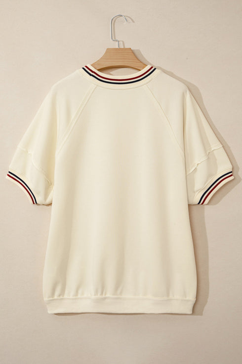 Loose Fit Varsity V Neck Cuffed Sleeve Tunic Top