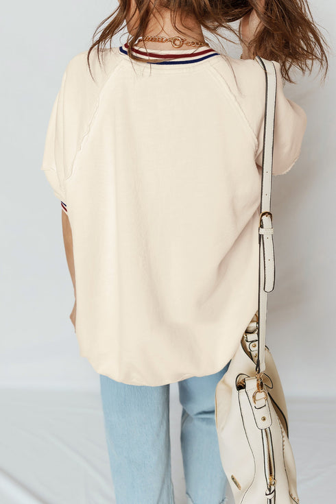 Loose Fit Varsity V Neck Cuffed Sleeve Tunic Top