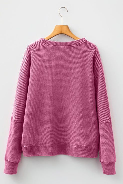 Loose Fitting Waffle Knit Cotton Blend Long Sleeve Top