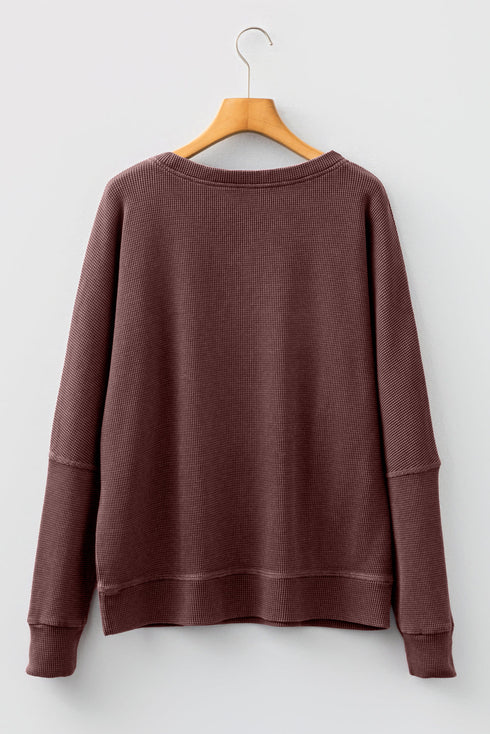 Loose Fitting Waffle Knit Cotton Blend Long Sleeve Top