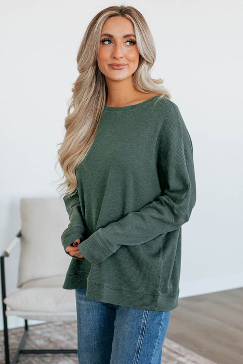 Loose Fitting Waffle Knit Cotton Blend Long Sleeve Top