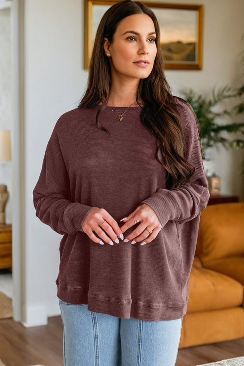 Loose Fitting Waffle Knit Cotton Blend Long Sleeve Top