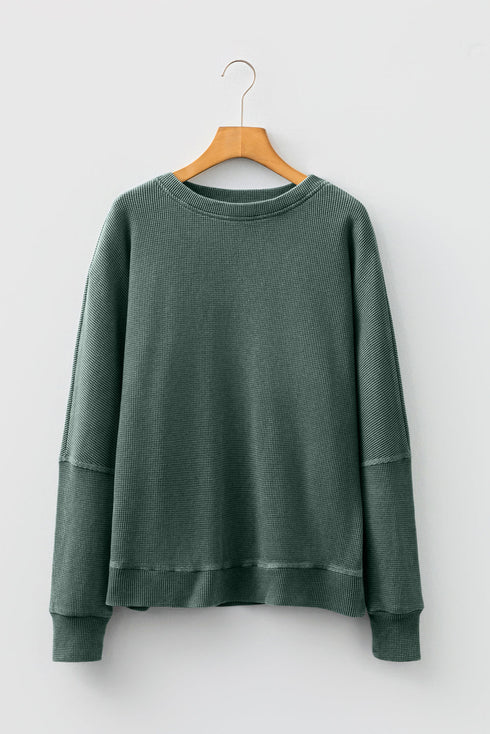Loose Fitting Waffle Knit Cotton Blend Long Sleeve Top