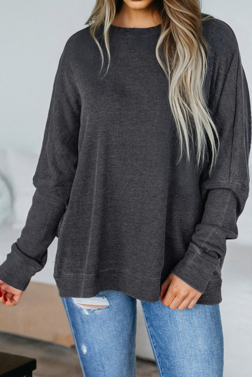 Loose Fitting Waffle Knit Cotton Blend Long Sleeve Top