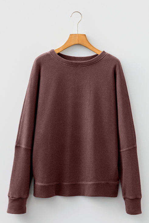 Loose Fitting Waffle Knit Cotton Blend Long Sleeve Top