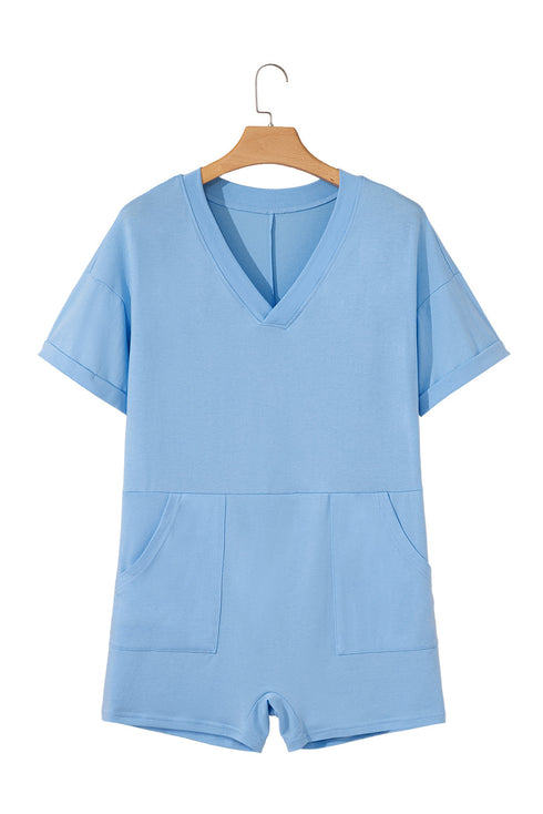 Loose Half Sleeve V Neck Solid Knit Romper