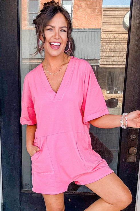 Loose Half Sleeve V Neck Solid Knit Romper