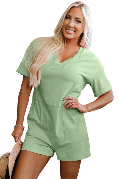 Loose Half Sleeve V Neck Solid Knit Romper