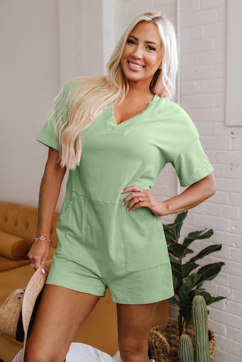 Loose Half Sleeve V Neck Solid Knit Romper