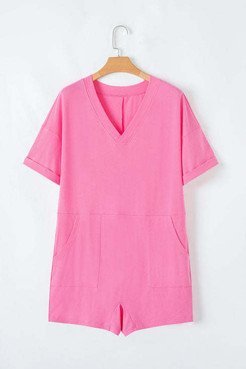 Loose Half Sleeve V Neck Solid Knit Romper