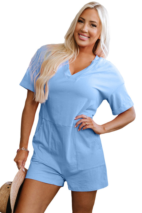 Loose Half Sleeve V Neck Solid Knit Romper