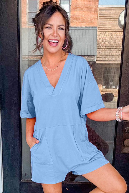 Loose Half Sleeve V Neck Solid Knit Romper