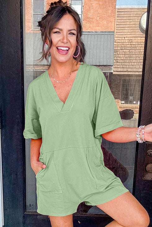 Loose Half Sleeve V Neck Solid Knit Romper