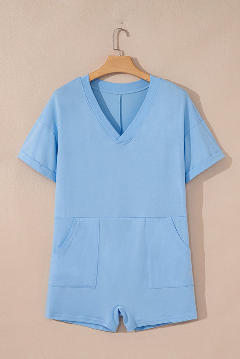 Loose Half Sleeve V Neck Solid Knit Romper