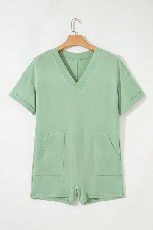 Loose Half Sleeve V Neck Solid Knit Romper