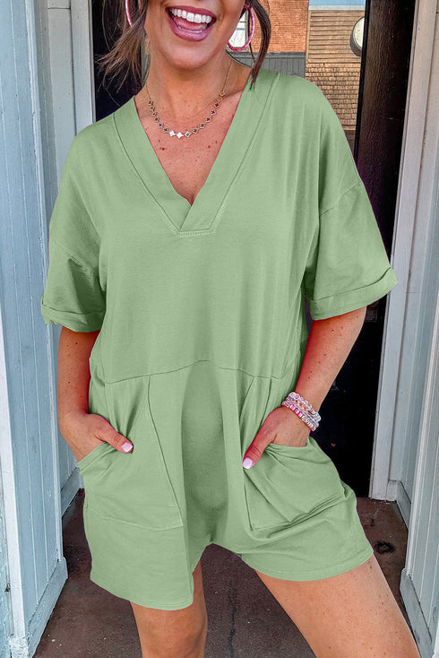 Loose Half Sleeve V Neck Solid Knit Romper