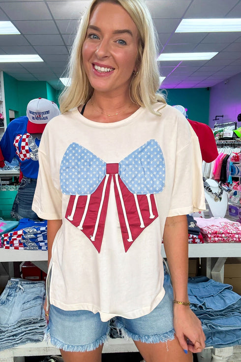 Loose Knit Vintage Flag Bow Detail Patched Tee
