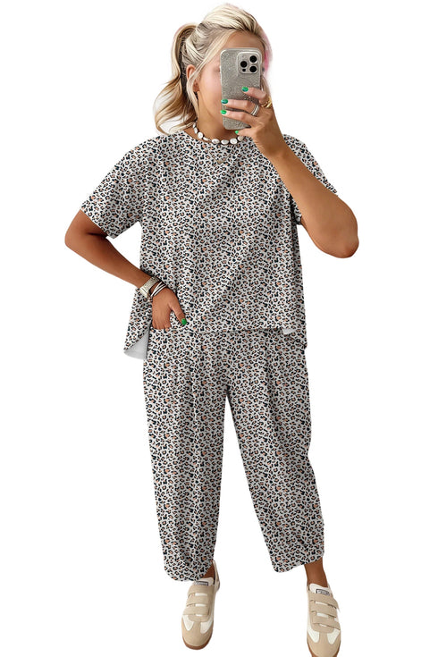 Loose Leopard Print Drawstring Wide Leg Barrel Pant Sets