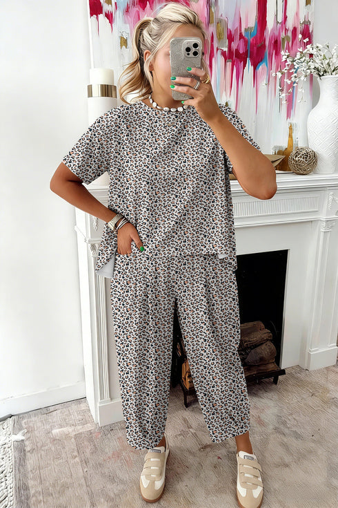 Loose Leopard Print Drawstring Wide Leg Barrel Pant Sets