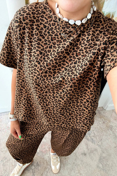 Loose Leopard Print Drawstring Wide Leg Barrel Pant Sets