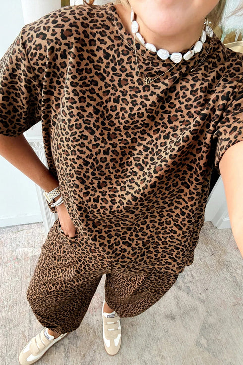 Loose Leopard Print Drawstring Wide Leg Barrel Pant Sets