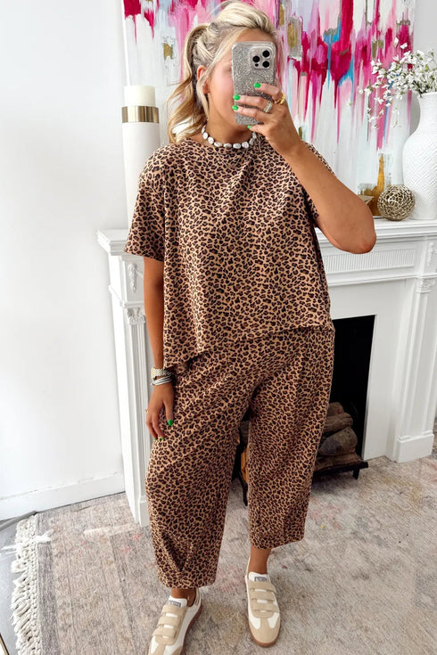 Loose Leopard Print Drawstring Wide Leg Barrel Pant Sets