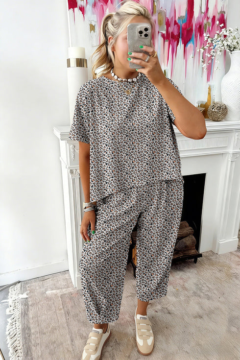 Loose Leopard Print Drawstring Wide Leg Barrel Pant Sets