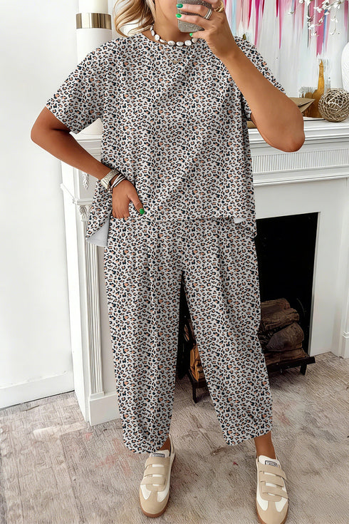 Loose Leopard Print Drawstring Wide Leg Barrel Pant Sets