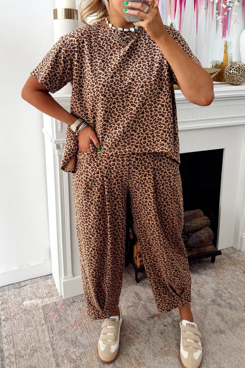 Loose Leopard Print Drawstring Wide Leg Barrel Pant Sets