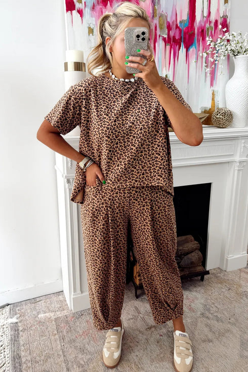 Loose Leopard Print Drawstring Wide Leg Barrel Pant Sets