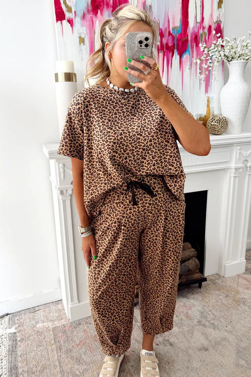 Loose Leopard Print Drawstring Wide Leg Barrel Pant Sets