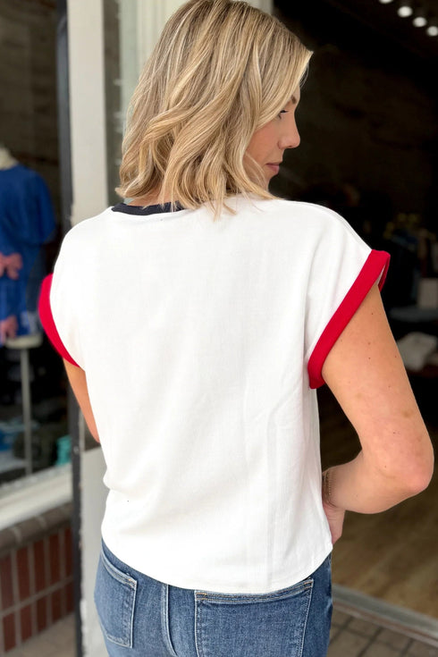 Loose Sequin Color Block Trim Letter Print T Shirt