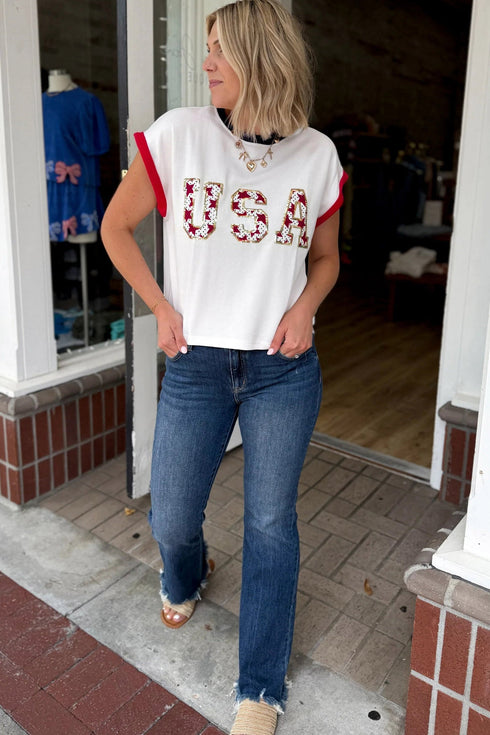 Loose Sequin Color Block Trim Letter Print T Shirt