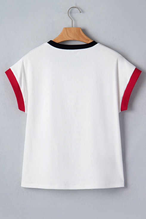 Loose Sequin Color Block Trim Letter Print T Shirt