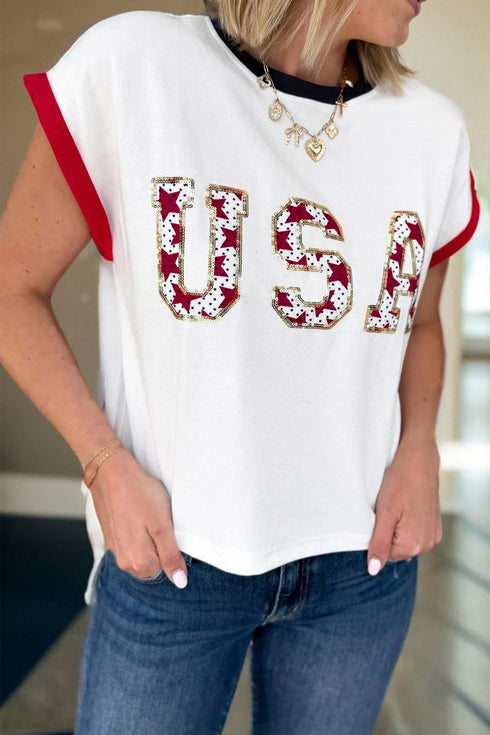 Loose Sequin Color Block Trim Letter Print T Shirt