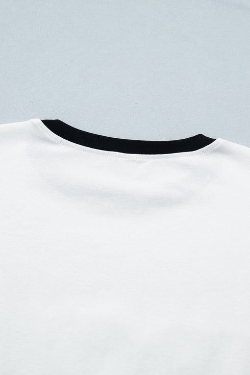 Loose Sequin Color Block Trim Letter Print T Shirt