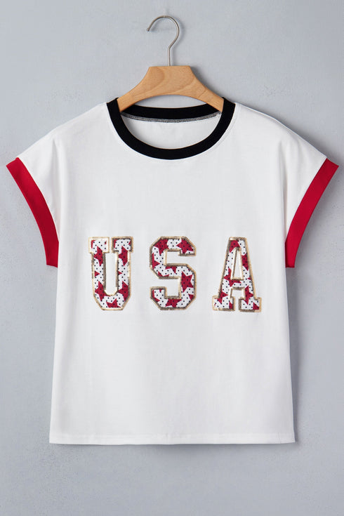 Loose Sequin Color Block Trim Letter Print T Shirt