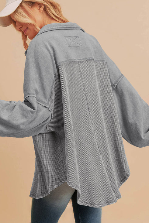 Loose Waffle Knit Patchwork Exposed Seam Shirt Jacket