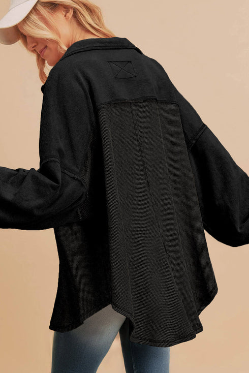 Loose Waffle Knit Patchwork Exposed Seam Shirt Jacket