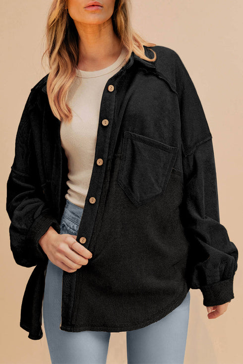 Loose Waffle Knit Patchwork Exposed Seam Shirt Jacket