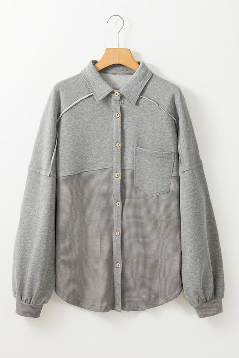 Loose Waffle Knit Patchwork Exposed Seam Shirt Jacket