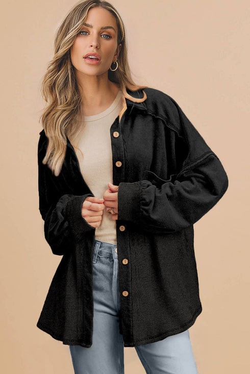 Loose Waffle Knit Patchwork Exposed Seam Shirt Jacket