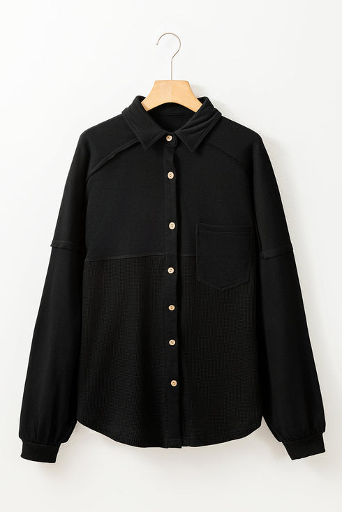 Loose Waffle Knit Patchwork Exposed Seam Shirt Jacket