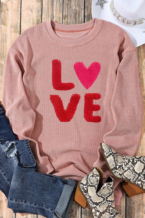 Love Graphic Patch Textured Corduroy Pullover Sweatshirt