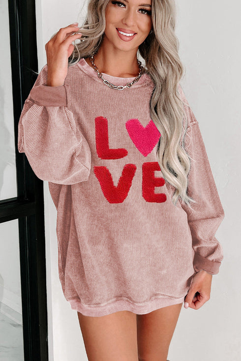 Love Graphic Patch Textured Corduroy Pullover Sweatshirt