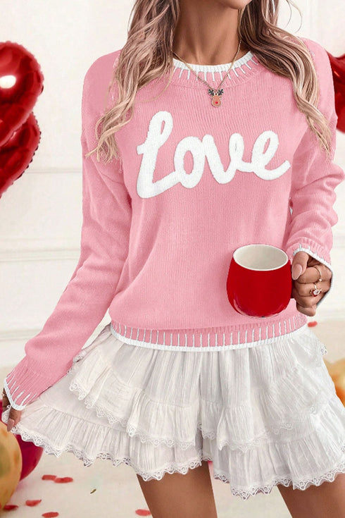 Love Graphic Stitch Detail Crew Neck Sweater