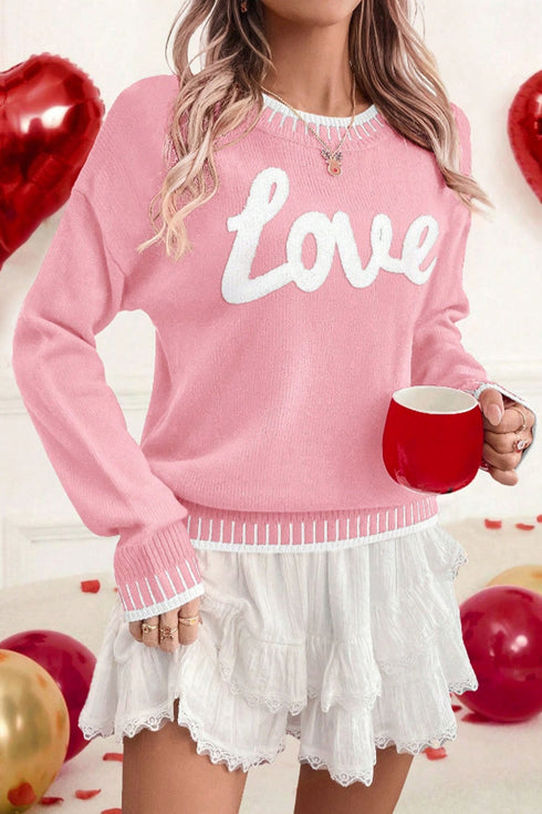 Love Graphic Stitch Detail Crew Neck Sweater