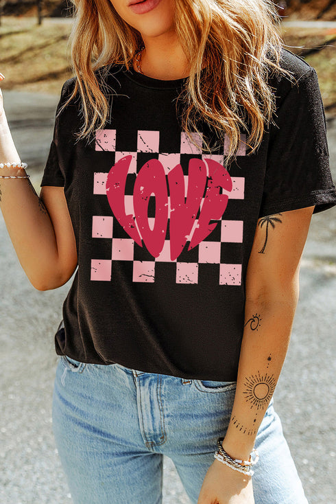 Love Lettering Checkered Print Short Sleeve Graphic Tee
